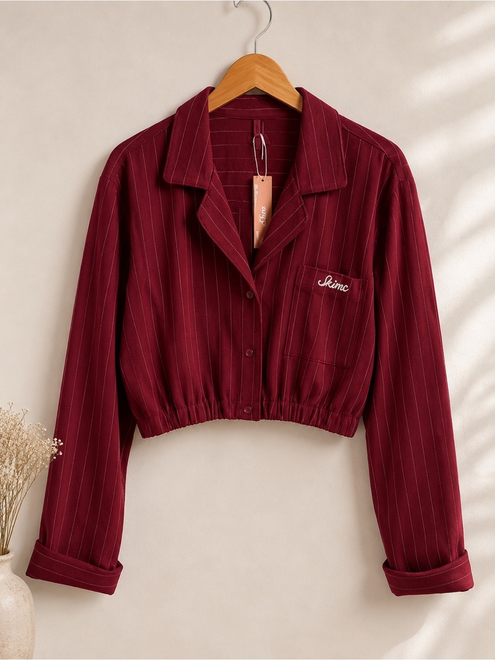 Skims Elevated Flannel Crop Shirt Jacket Merlot Stripe Size L NWT